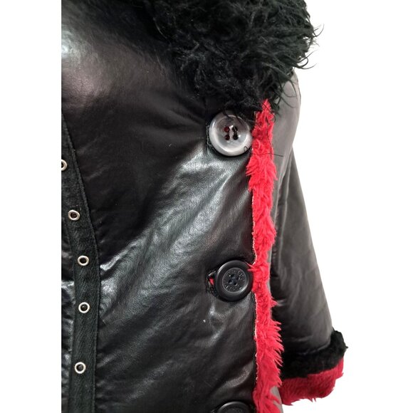 Y2K Tripp NYC Size Small Red Star Trench Coat Polyvinyl Faux Fur Goth WOMENS UNI - Picture 9 of 10